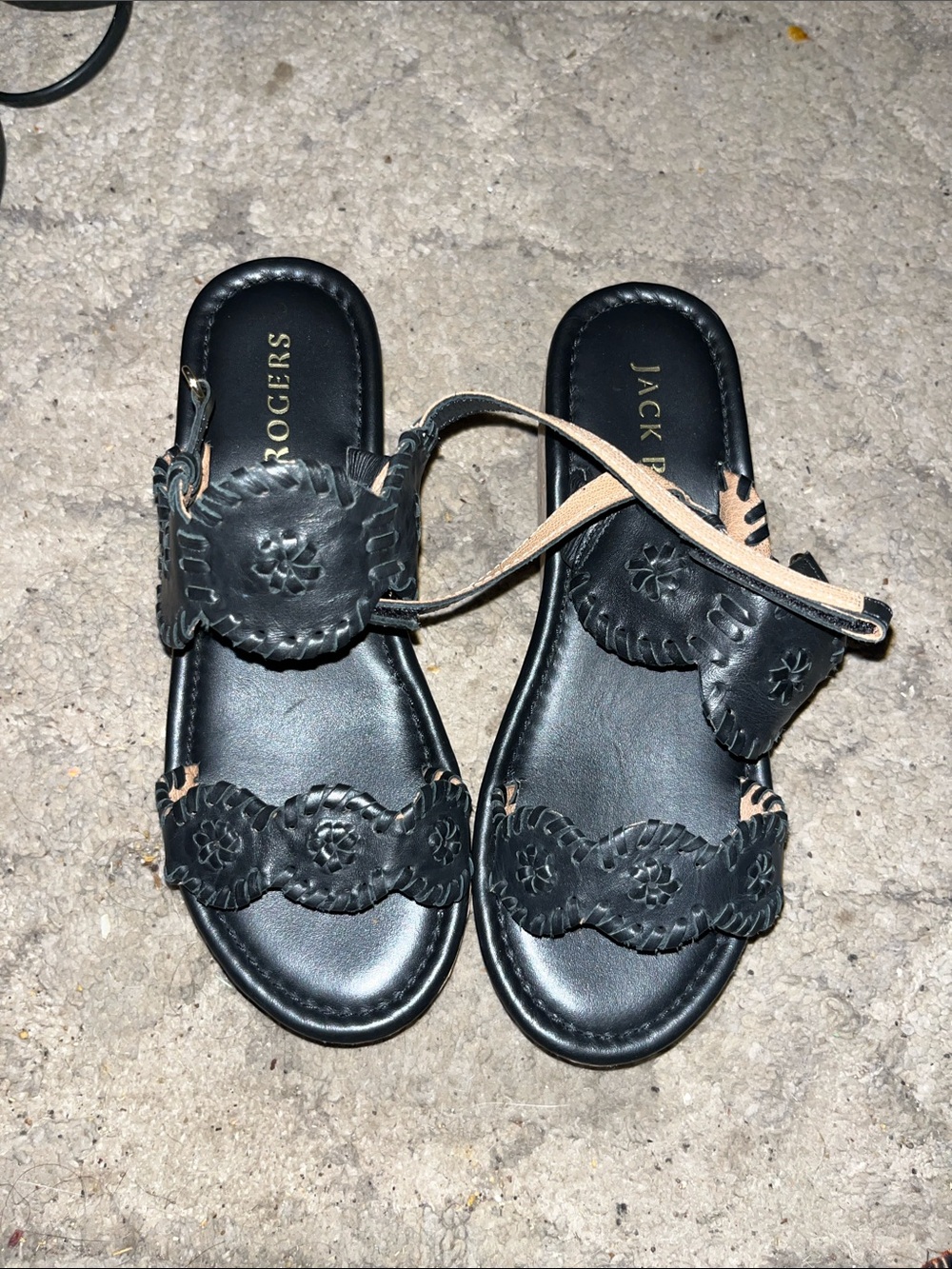 Jack Rogers Black Leather Cutout Slide Sandals with Tan Strap